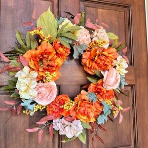 2 Floral fall Wreaths with Orange and Pink Flowers